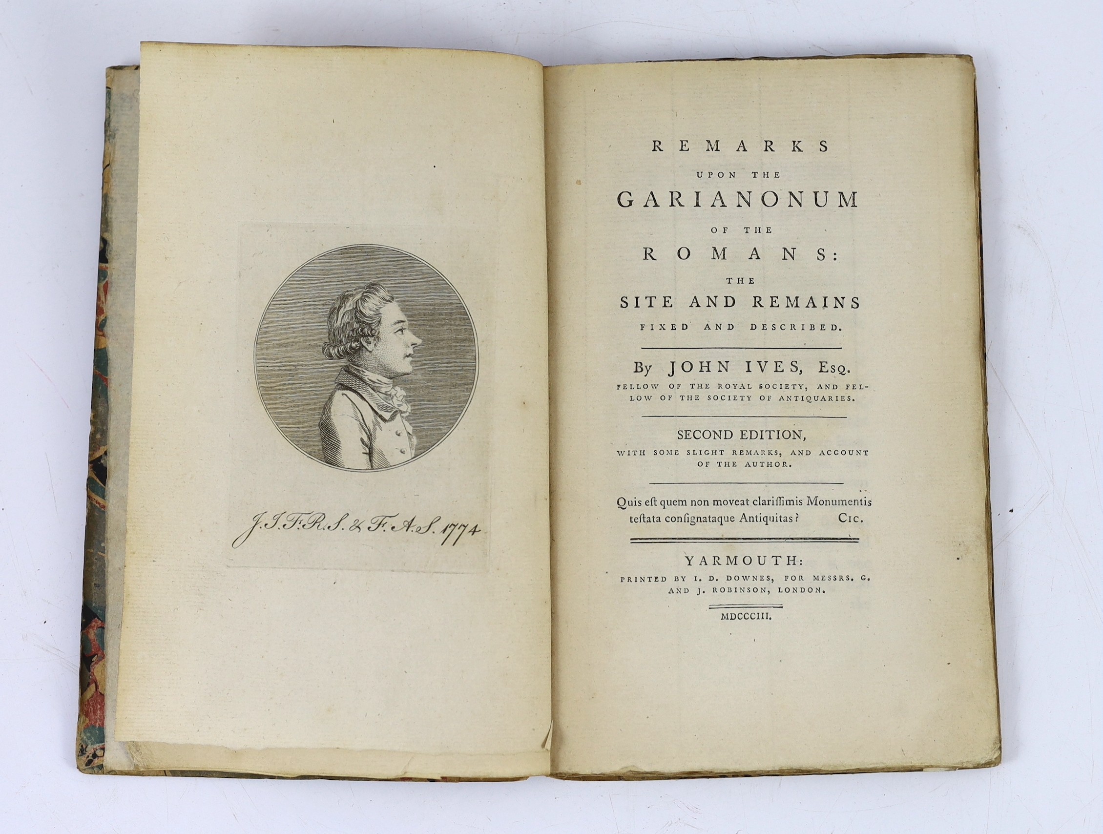SUFFOLK: Ives, John - Remarks upon the Garianonum of the Romans: the site and remains fixed and described. 2nd edition, with some slight remarks, and account of the author. portrait frontis., folded map and 2 plans, fold